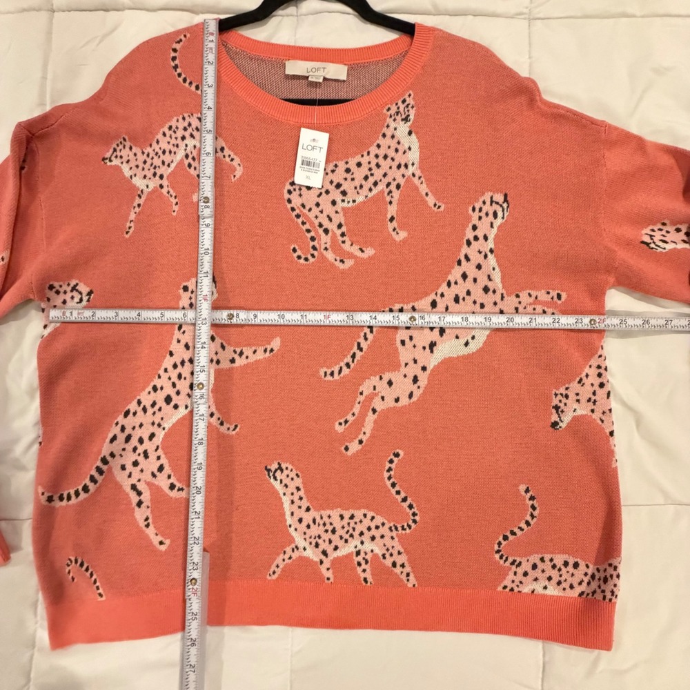 LOFT Women Coral Pink Cheetah Animal Print Crew Neck Sweater XL New NWT 31866477 - Picture 9 of 13